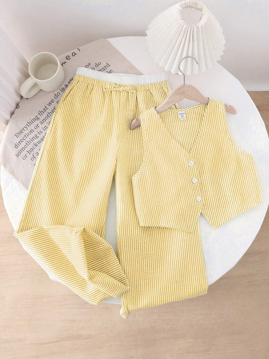 SHEIN LMoss Kids 少女优雅时尚条纹撞色无袖套装 - 黃色 - 查看 1