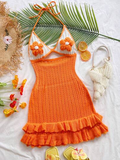 Soleia Đầm ngắn nữ kiểu dáng thường ngày, màu cam rực rỡ, họa tiết hoa, viền bèo nhún, thích hợp cho đi biển, du thuyền, du lịch đường bộ, kỳ nghỉ, hẹn hò, tiệc trà chiều, lễ hội âm nhạc, phong cách boho, mùa hè, đi làm hàng ngày.