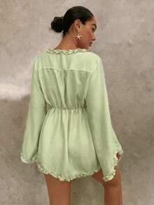 Glamine Women's Spring/Autumn Beach Vacation Solid Color Deep V-Neck Lettuce Trim Flare Sleeve Drawstring Tie Babydoll Top - Green - View 2
