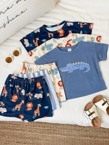 SHEIN 6件套男女宝宝/幼儿可爱动物印花短袖T恤短裤套装，睡衣，家居服套装，男婴夏季服装，睡衣 - 霧霾藍 - 查看 3