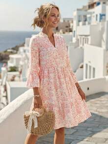 EMERY ROSE Women's Floral Print Flare Sleeve Mini Dress, Holiday Style Vacation White And Orange Summer Boho - Orange - View 3