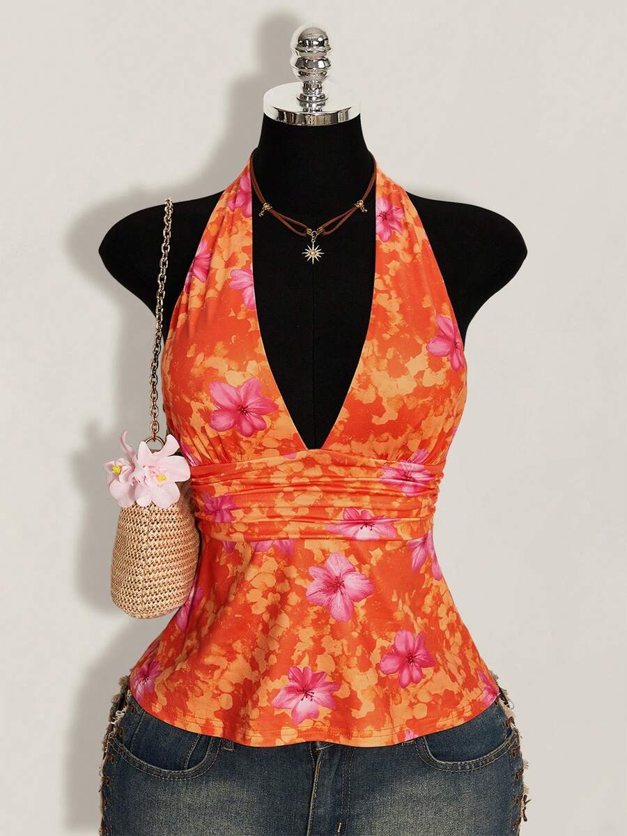 SHEIN ICON Y2K風格夏季女款性感度假海灘穿搭碎花細肩帶綁帶休閒百搭日常穿著上衣 - 橘色 - 查看 1