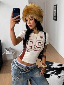 Coolane 女士夏季 Y2K 街头复古风演唱会服装锐舞派对服装音乐节外出黑色露脐 T 恤 - 杏色 - 查看 4