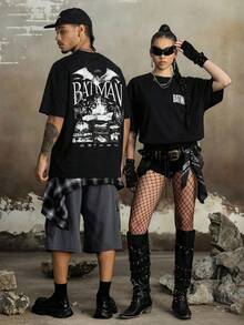 BATMAN X SHEIN Men's Casual Bat Print Short Sleeve T-Shirt, Summer - Black - View 3