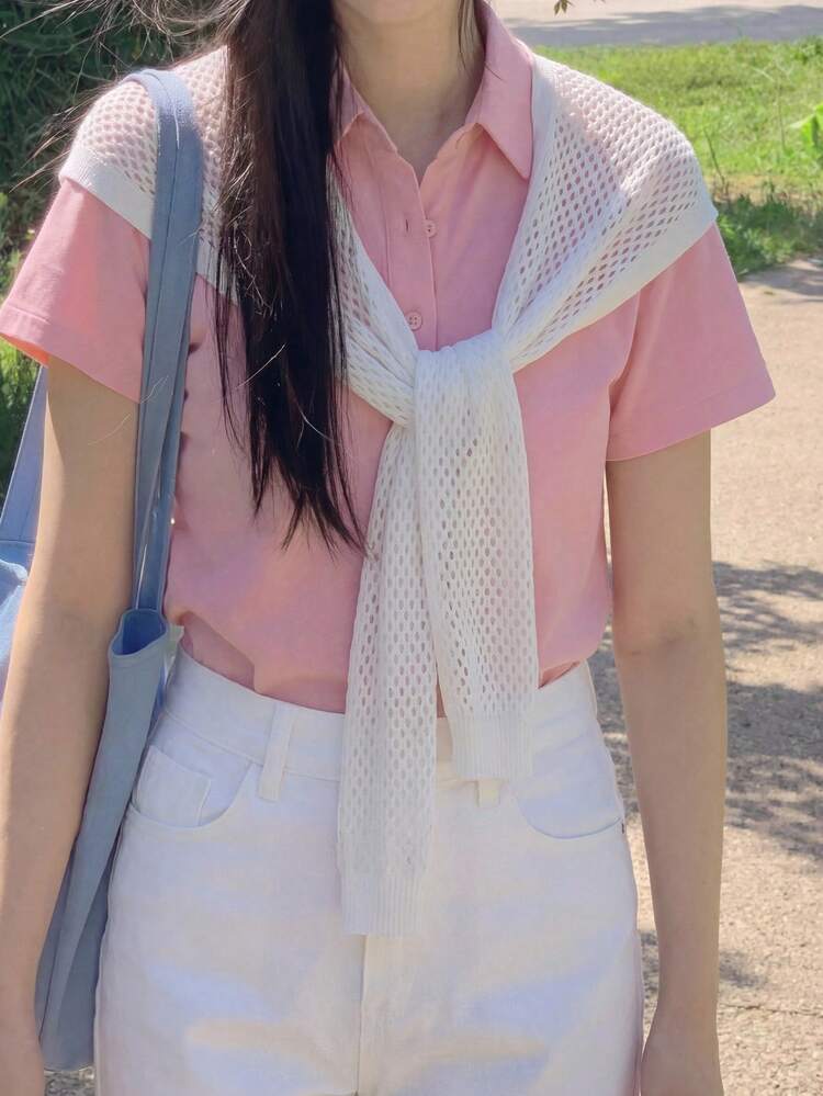 Solid Color Hollow Out Short Tie Front Cardigan, Casual Vacation Summer Wear For Women