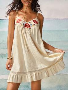 SoleilVie Women's Lace Patchwork Embroidered Decor Summer Spaghetti Strap Dress, Suitable For Daily Wear And Vacation - Apricot - View 6