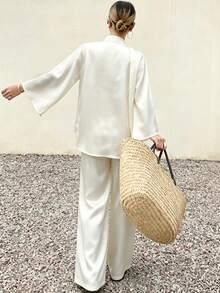 Modelyn V-Neck Tie Flare Sleeve Satin Blouse & Loose Wide Leg Pants 2 Pieces Set, Champagne Color - Champagne - View 7