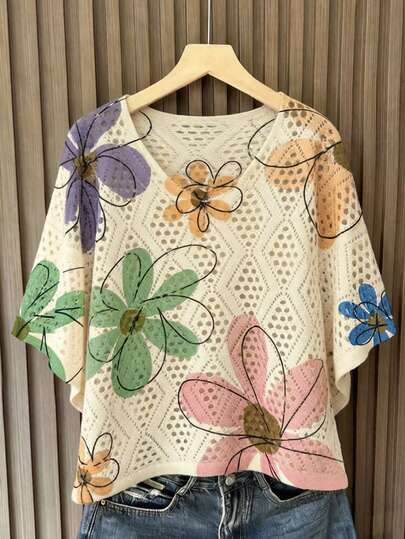 EMERY ROSE Plus-Size Women's Spring/Summer Casual Wear: Simple, Versatile Resort Style. Colorful Floral Random Print, Openwork Crochet, V-Neck, Loose-Fit Plus-Size Knit Top. Perfect For Spring And Summer.