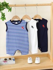 SHEIN 3pcs Set Pakaian Bayi Laki-laki Baru Lahir Musim Panas Motif Garis-garis Lucu, Romper Rajut Tanpa Lengan dan Celana Pendek Dasar - MultiWarna - View 9