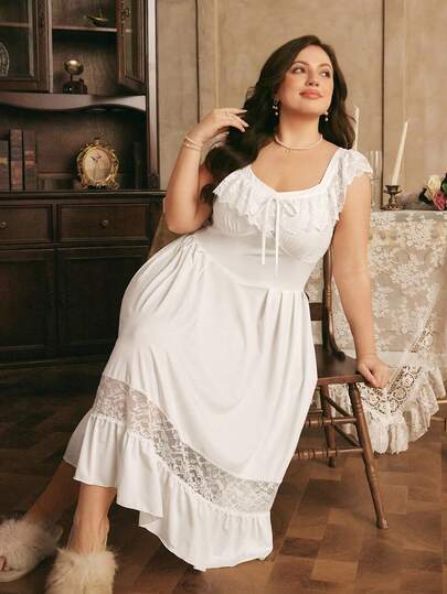 Côtesoire Plus Size Women Elegant French Romantic Solid Color Lace Patchwork Nightgown