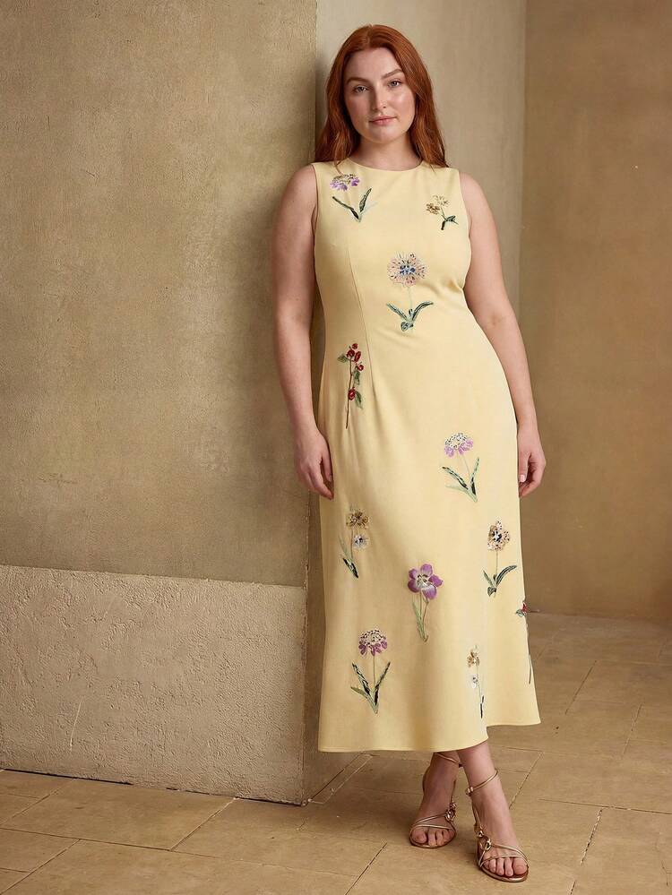 PLUS SIZE ELEGANT SPRING ROMANTIC 3D BEADED EMBROIDERED SLEEVES DRESS