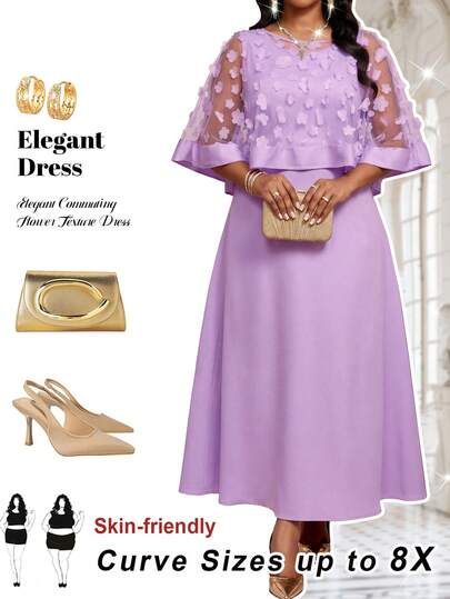 SHEIN CURVE+ Bộ 2 món cỡ lớn dành cho nữ, gồm váy màu trơn và áo choàng lưới đính họa tiết, trang phục hẹn hò dự tiệc thời trang, váy màu oải hương, váy màu tím thanh lịch, váy đi nhà thờ cho nữ, bộ 2 món cao cấp dành cho nữ, váy thanh lịch, váy dự tiệc trang trọng, váy màu oải hương thanh lịch, váy mùa xuân, trang phục dự tiệc cưới, sinh nhật.