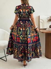 Ceyna Plus Size Women's Summer Boho Navy Blue Printed Casual Dress,Deep V-Neck Bohemian Flare Sleeve Maxi Dress,Vacation Holiday Party Fitted Top Flared - Multicolor - View 2