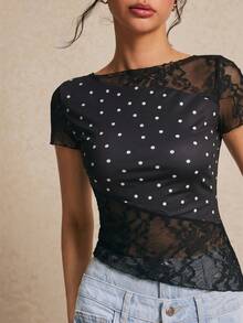 Poéselle Schwarz Spitze Patchwork Polka Punkt Muster asymmetrischer Saum T-Shirt - Schwarz - Übersicht 4
