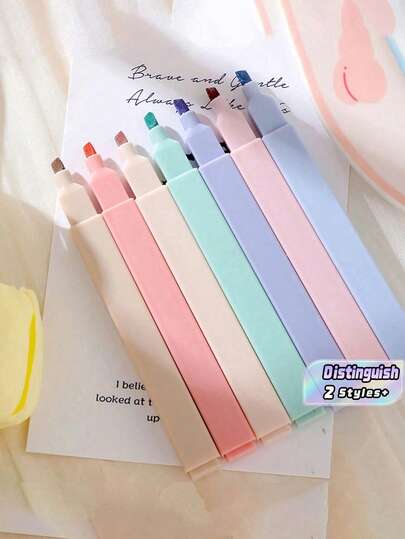 SHEIN 6pcs/Set Soft Tip Highlighter Light Color Kawaii Marker Pen DIY Photo Album Journal Fluorescent Pen Student Stationery Multicolor Graffiti Fluorescent Pen Soft First Hand Account Key Marker Pen Morandi Color Back To School