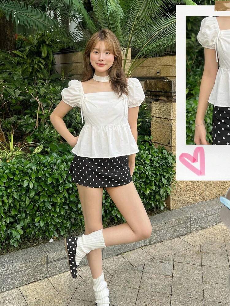Women's Tie-Up Solid Color Casual Short Sleeve Shirt, Fresh Korean Style