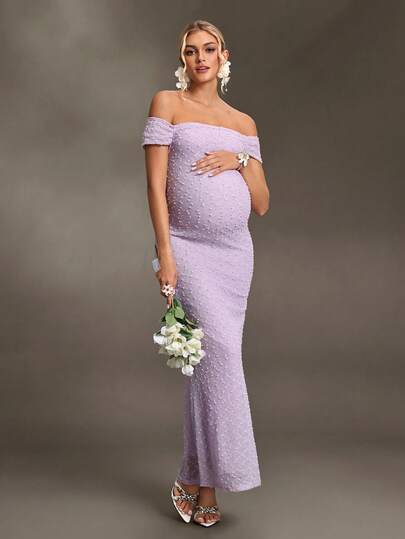 Cheriluna Maternity Maternity Solid Color Off-Shoulder Fitted Elegant Dress For Photoshoot