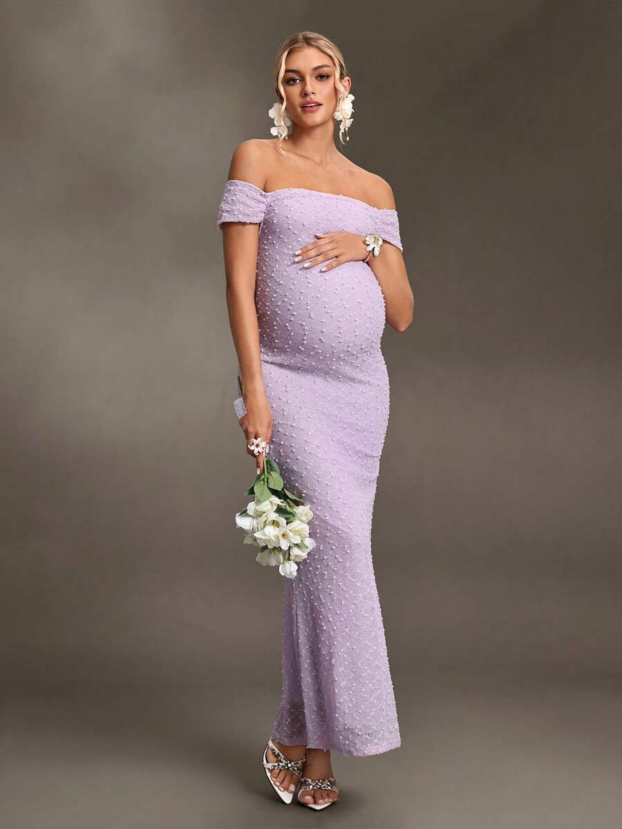 Cheriluna Maternity 孕妇纯色露肩修身优雅连衣裙,适合拍照 - 淡紫色 - 查看 1