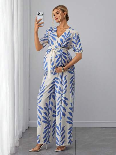 Momance 2pcs Maternity Set: V-Neck Short Sleeve Shirt With Waist Belt Design, Printed Straight Leg Maternity Pants Vacation Outfits Women , Summer , Summer Outfit For Women , Summer Clothes  , Summer Outfits For Women  , Summer Outfits ,