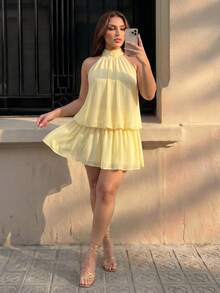 Hourglow Plus Size Women Pleated Halter Neck Tie Top And Mini Skirt 2 Pieces Set, For Hourglass Body Shape - Yellow - View 4