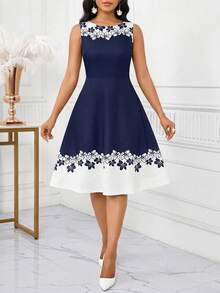 SHEIN Lady Váy không tay in hoa và khối màu thanh lịch dành cho nữ, mùa hè - Màu xanh hải quân - Xem 1