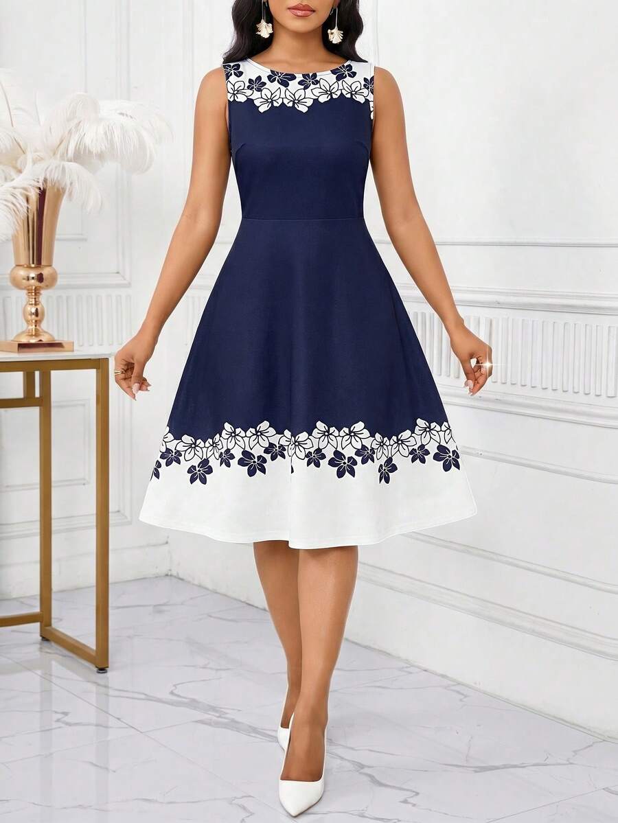 SHEIN Lady Váy không tay in hoa và khối màu thanh lịch dành cho nữ, mùa hè - Màu xanh hải quân - Xem 1