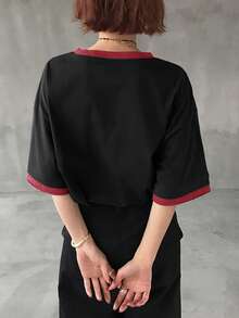 FRIFUL Women's Casual Loose Fit Colorblock Round Neck Short Sleeve T-Shirt, Versatile For Spring & Summer - Black - View 2
