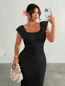Firerie Plus Size Summer Casual Vacation Front Tie Ruffle Hem Sweater Dress - Black - View 5