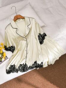 CosyJoli Plus Size Women's White Elegant Sommar Holiday Bachelorette Party Lace Patchwork Satin Suit,Cute Casual 2-Piece Set,Summer Shorts Set Daily Home Wear - Apricot - View 7