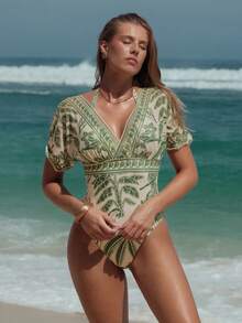 Swim Chiccia Women's South American BOHO Pattern Print Mesh Tummy Control One-Piece Swimsuit - Multicolor - View 5
