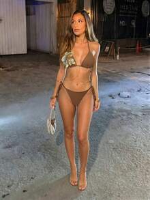 Swim Oasis 女士夏季网纱挂脖比基尼泳装及半身裙三件套 - 卡其色 - 查看 6