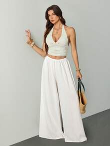 SHEIN Tall Quần Palazzo dáng rộng, chất liệu có họa tiết, thích hợp cho mùa hè. - trắng - Xem 8