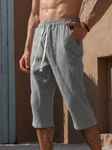 VENTUSAIL Quần lửng nam màu trơn bằng cotton, có dây rút ở eo và túi, kiểu dáng thường ngày, đa năng, chất liệu vải lanh. - Màu xám đen - Xem 4