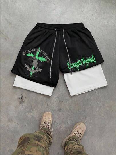 Sport MetroGents Quần short thể thao nam hai lớp, in chữ và họa tiết chữ thập, cạp chun, có dây rút.