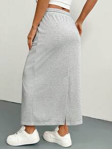 SHEIN Maternity Casual Drawstring Waist Solid Color A-Line Skirt, Suitable For Spring, Summer, Autumn Photoshoot - Grey - View 2