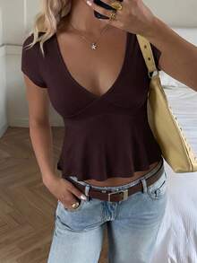 SHEIN EZwear Women's Black V-Neck Short Sleeve Casual T-Shirt, Summer - Coffee Brown - View 5