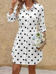 SHEIN Clasi Đầm ngắn dáng chữ A thanh lịch dành cho nữ, có cổ áo cài cúc, tay áo điều chỉnh được, thích hợp cho kỳ nghỉ hè, đi làm, hẹn hò và mặc ở nhà. - trắng - Xem 4