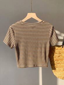 Comfortcana Camisetas de punto elásticas de manga corta a rayas en marrón y beige, cómodas para todo - Multicolor - Ver 2