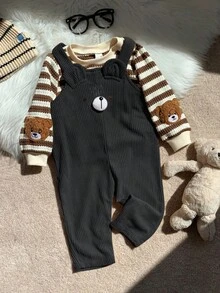 两件套男/女婴条纹长袖卫衣和灯芯绒小熊连体衣套装，舒适休闲可爱小熊图案基础款卫衣和连体衣，适合室内、室外、日常、运动、玩耍、派对、拍照、节日、万圣节、圣诞节、新年等秋冬季穿着。男婴小熊套装，男婴服装 - 彩色 - 查看 4