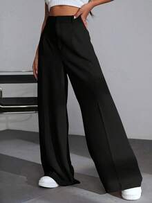 SHEIN EZwear Quần ống rộng cạp cao 100% cotton, kiểu dáng casual đa năng, phù hợp cho sinh viên, dạo chơi, tiệc tùng, lễ hội âm nhạc, lễ tốt nghiệp, tựu trường, kỳ nghỉ và công sở. - màu đen - Xem 7