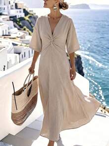 Breezaya Women's Elegant Beige Summer V-Neck Short-Sleeved Pleated Linen Cotton Dress,Tropical Holiday Vacation Maxi Skirt,Greece Coastal Outfits,Long Dress - Apricot - View 6