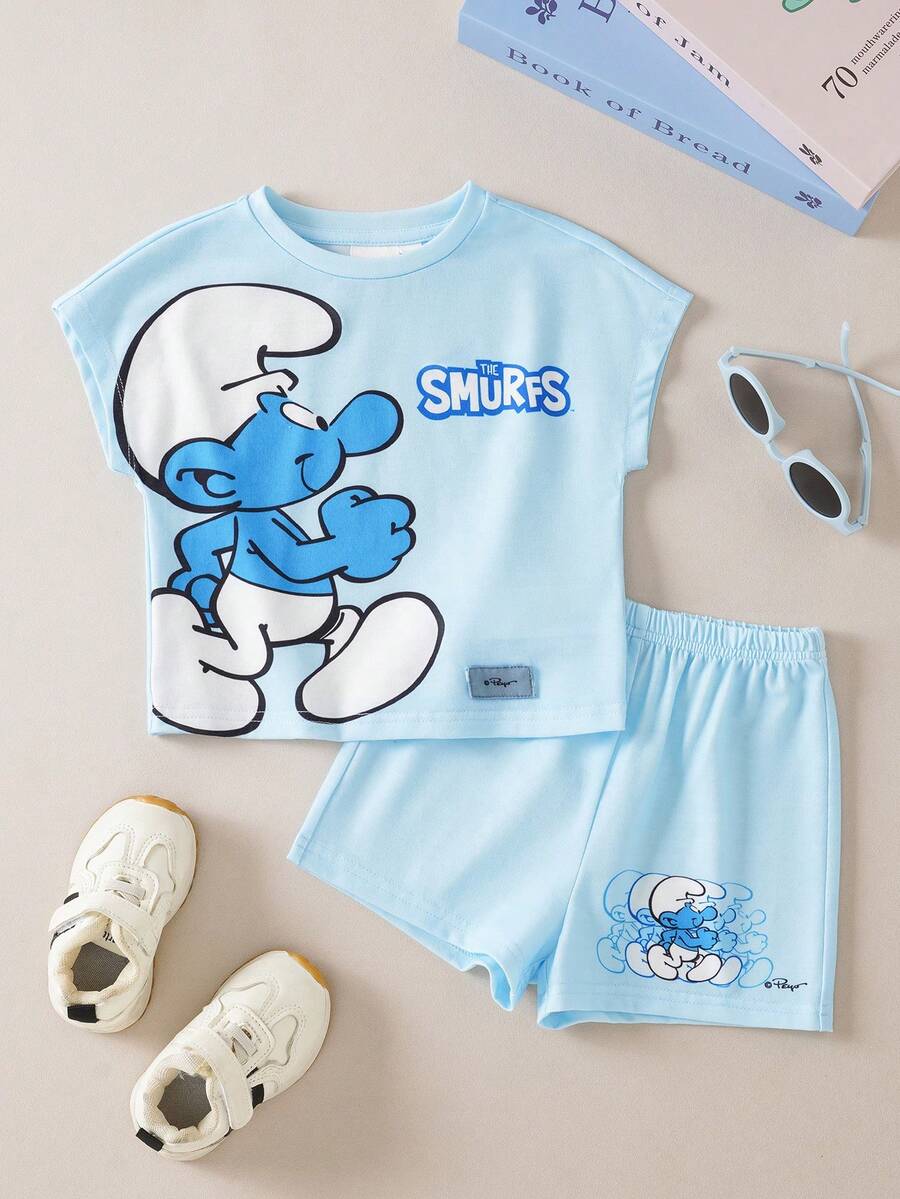 SHEIN X The Smurfs 男婴夏季休闲日常通勤可爱卡通字母印花蝙蝠袖T恤和短裤套装 - 藍色 - 查看 1