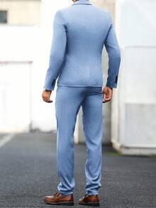 Manfinity Mode 男士翻領長袖西裝外套與長褲正式套裝，儀式用 - 淺藍色 - 查看 2