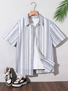 SHEIN 青少年男孩純色單排扣短袖休閒紋理襯衫，學院風，柔軟透氣，白色，夏季，度假，假日，日常穿著 - 彩色 - 查看 2