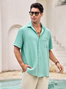 Mercer Haus Camisa casual de unicolor para hombre, chaqueta-camisa de manga corta de moda, verde menta, camisa de playa de resort hawaiano - verde menta - Ver 6