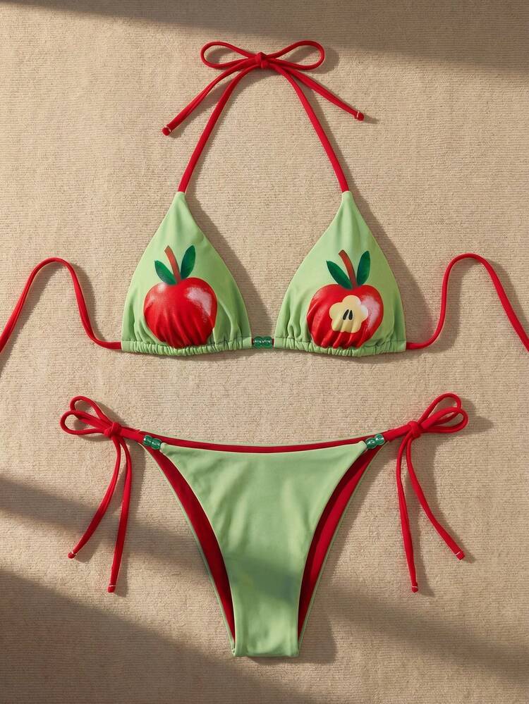 Women's Summer Beach Apple Print Halter Tie Sexy Bikini Swimsuit Set