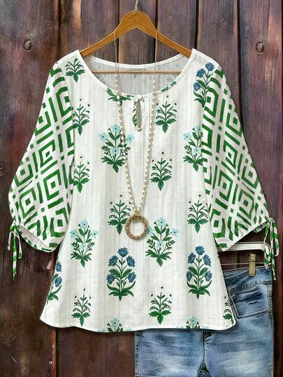 EMERY ROSE Women's Summer Casual Vacation Floral & Geometric Print Hollow Out Neck Lantern Sleeve Loose Blouse