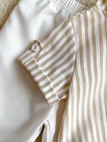 SHEIN Vintaside Kids 两件套男婴可爱休闲条纹polo衫和松紧腰条纹裤套装，适合生日派对、晚宴、演出、婚礼、婴儿派对等场合。 - 卡其色 - 查看 6