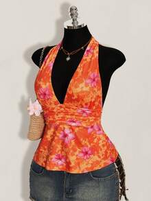 SHEIN ICON Y2K風格夏季女款性感度假海灘穿搭碎花細肩帶綁帶休閒百搭日常穿著上衣 - 橘色 - 查看 5