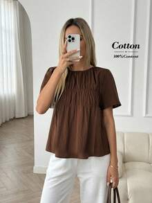 SHEIN PETITE CURVE 大码纯棉休闲通勤短袖衬衫，夏季时尚女式衬衫，优雅女式上衣，外出上衣，棕色纯棉衬衫，咖啡棕色上衣，休闲上衣 - 巧克力棕 - 查看 5